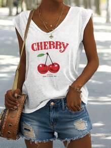 EMERY ROSE Women's Casual Cherry Pattern V-Neck Tank Top With Shoulder Straps, Suitable For Summer Back To School - White - View 1