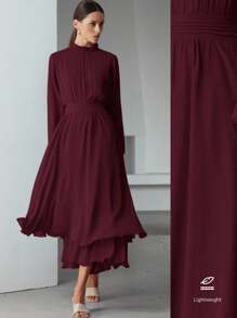 Aveloria Modichic Romantic French Style Layered Hem Decor Waisted Flattering Ruffle Collar Design Chiffon Dress For Women Fall Cloth For Women - Burgundy - View 2