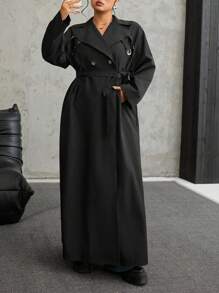 SHEIN EZwear 加大码双排扣纯色休闲长袖长款风衣加大码超大外套 - 黑色 - 查看 3