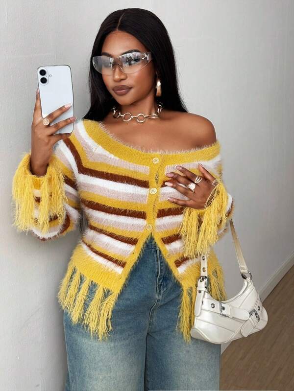 Maweii Plus Size Women Colorblock Striped Fringe Sexy Knit Cardigan
