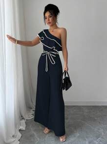 Elenzga 女式杏色斜肩荷叶边收腰直筒连体裤 - 藏蓝色 - 查看 4