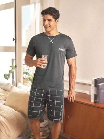 Men's Letter Print Short Sleeve Top And Plaid Print Shorts Pajama Set