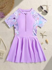 Tween 女童花卉印花拉链短袖裹身式连体泳衣