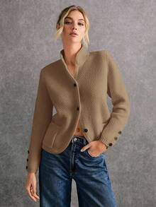 Poéselle Women's Solid Color Long Sleeve Single-Breasted Casual Loose Pocket Cardigan In Fall/Winter - Mocha Brown - View 3