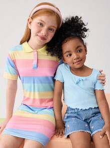 SHEIN Young Girl Lettuce Trim Knot Front Tee