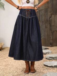 Breezaya Women Waist Tie Ruffle Casual Denim A-Line Skirt - Dark Wash - View 7
