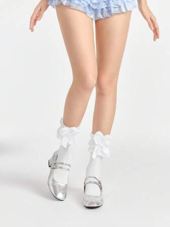 Kawaii 1 Pair Cute Fluffy Rabbit Ear White Bow Decor Mid-Calf Socks, Sweet Multilayer Hollow Lace Trim Short Socks, Versatile JK School Style For Women