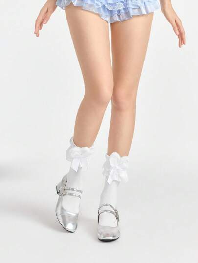 Kawaii 1 Pair Cute Fluffy Rabbit Ear White Bow Decor Mid-Calf Socks, Sweet Multilayer Hollow Lace Trim Short Socks, Versatile JK School Style For Women