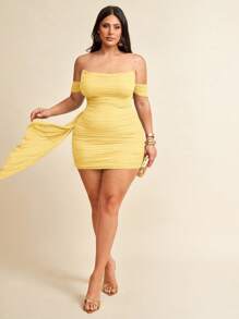 SHEIN BAE 大码女式黑色褶皱下摆荷叶边系带腰部网眼针织露肩弹力休闲迷你连衣裙，适合日常穿着、郊游、约会、下午茶、度假、春夏季、返校季，女士正装