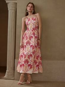 MOTF PREMIUM WOMEN SUMMER VACATION ALLOVER PRINT FLARE HEM LONG SLIP DRESS - White - View 4