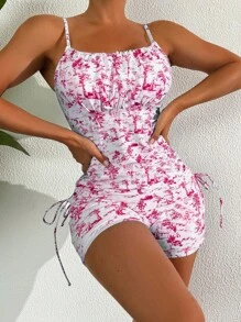 Swim Lushoire 2件組女款滿版印花抓皺比基尼套裝，細肩帶坦克式泳衣配可調式肩帶，保守端莊海灘泳池泳裝，夏季新品 - 彩色 - 查看 4