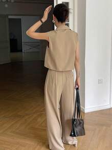 Livesso Women's Summer Sleeveless Collared Top And Loose Pants Two Pieces Set - Khaki - View 2