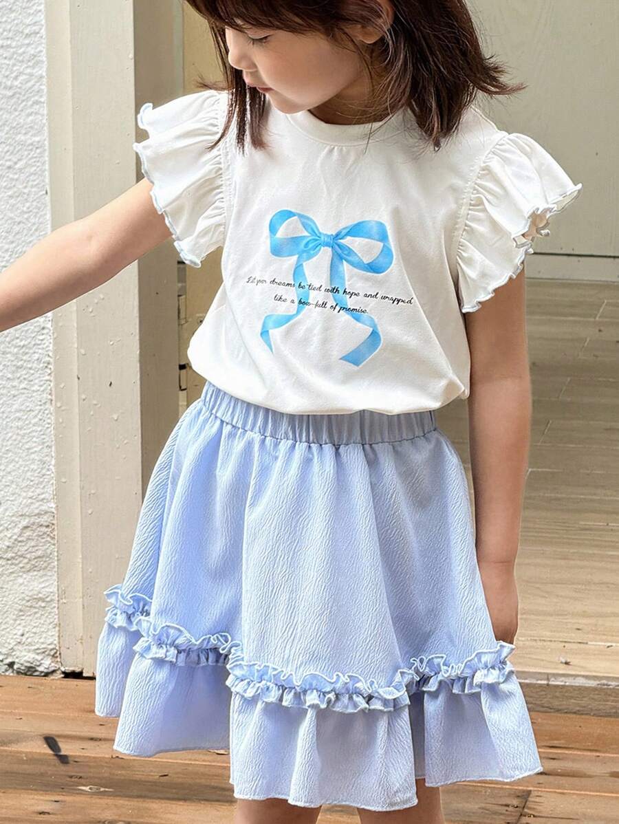 SHEIN Young Girl Casual Bowknot Ruffle Sleeve T-Shirt/Mini Skirt Set - Blue and White - View 1