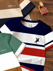 SHEIN 3pcs/Set Young Boys Classic Colorblock Fashion Graphic Print Casual Comfortable Short Sleeve T-Shirt, Suitable For Spring/Summer, Indoor, Outdoor, Sibling Set