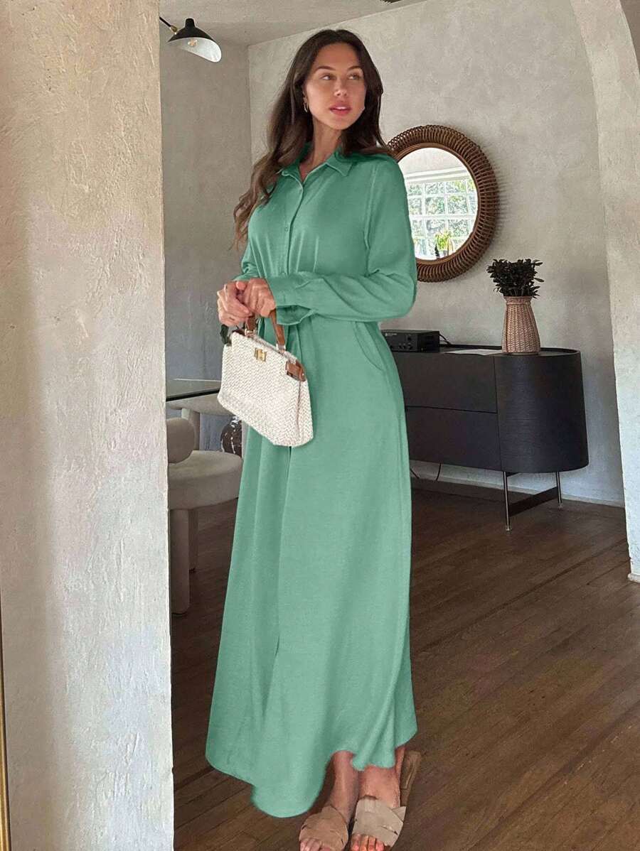 EURMUSE Casual Style, Linen Look, Self Belted Maxi Shirt Dress, Suitable For Modest Homecoming Old Money Style Women Autumn Clothes - Mint Green - View 1