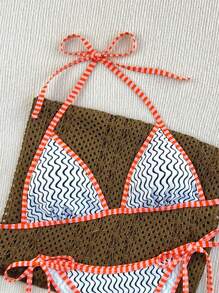 SHEIN 全新 2 件套条纹扭纹侧高开叉丁字裤比基尼套装，女士沙滩度假泳装 - 彩色 - 查看 3