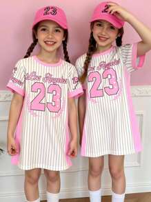 Girls Casual & Fashionable LA 23 Stripes Slogan & Letter Print Short Sleeve T-Shirt Dress, Sibling Outfits Matching Set (2pcs Sold Separately) Girls Sport Dress Baseball Dress Kids Clothes Girls Girls Pink Dress Girls Jersey Dress