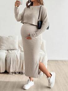 SHEIN 孕妇纯色圆领短袖上衣和裙子两件套