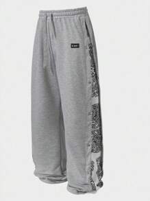 Manfinity EMRG Men's Young Fashion, Casual Sporty Sweatpants, High Slit Design, Classic Cashew Flower Pattern Design, Elastic Waist With High Tolerance, Detachable Side Slits For Multi-Functionality, Suitable For Street Style, Casual Sports, Fashion Matching, Outdoor Activities, Daily Commute, Campus, Holiday Gift Men Graphic Pants Streetwear Sweatpants Graphic Sweat Pants Paisley Print Pants Snap Button Pants - Light Grey - View 5