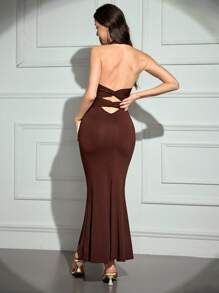 Modelyn Women's Elegant Backless Halter Dress, Solid Color - Coffee - View 2