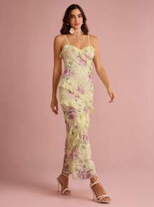 Enchnt Summer Romantic Women's Butter Yellow Floral Print Lace Sweetheart Neck Ruffle Hem Backless Slip Mermaid Maxi Dress,Sweet&Elegant For Vacation&Date&Holiday&Birthday&Party&Graduation&Wedding Guest&Beach,Prom Dress,Summer Dresses For Women,Sun Dresses For Women,Summer Clothes,Summer Outfits For Women,Elegant Dresses For Party, - Yellow - View 3