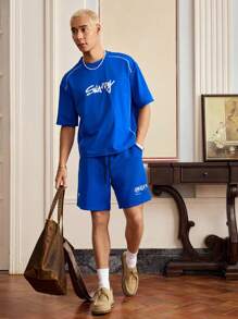 SWAVVY Men's Knit Casual Loose Elastic Waist Shorts, Fashion Daily Wear - Blue - View 7