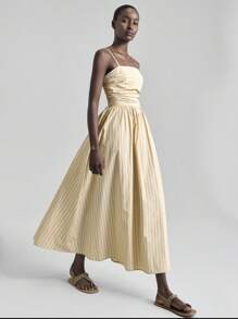 Ontre 女士条纹荷叶边吊带连衣裙，适合毕业旅行、音乐节、商务休闲、秋季的休闲度假连衣裙 - 卡其色 - 查看 5