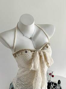 Chiquease 女士度假休闲蕾丝系领无袖上衣 - 杏色 - 查看 5