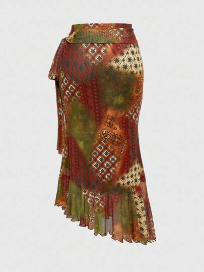Hippie Falda asimétrica tipo cinturón de cintura anillada, estampado de paisley vintage tipo hippie, para mujer