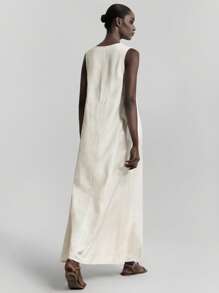 Ontre 2025女式无袖纯色连衣裙，休闲简约，优雅风格，适合日常通勤，白色连衣裙，波西米亚风夏装 - 白色 - 查看 3