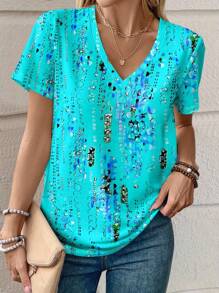 SHEIN LUNE 大码女式夏季上衣，简约全身图案印花休闲 V 领短袖 T 恤 - 彩色 - 查看 3