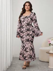 Modelyn Vestido elegante con efecto de sirena, apretado, con encaje y mangas acampanadas, para tallas grandes, para primavera/verano - Rosa - Ver 5