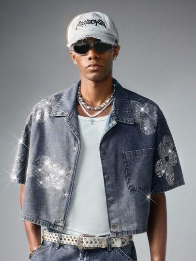 Street Life Men's Fashion Rhinestone Floral Denim Top, Summer