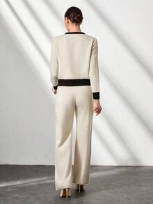 CLARA VERO Woman Bow Tie Neck Contrast Detailed Sweater And Pants Two Pieces Set - Beige - View 2