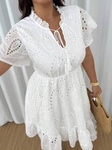 Flirla Plus Size Women Vacation Burnt-Out Embroidery Frill Trim Tie Collar Ruffle Sleeve Midi Dress