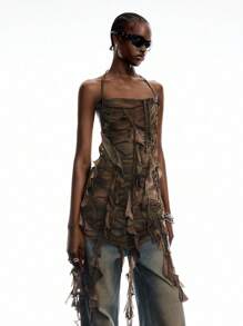 LYSMO 2025 New Arrival Spring-Summer Women's Post-Apocalyptic Style Vintage Distressed Tie-Dye Print Ruffled Asymmetrical Long Slim Halter Neck Camisole For Vacation Outfits And Vintage Casual Partywear