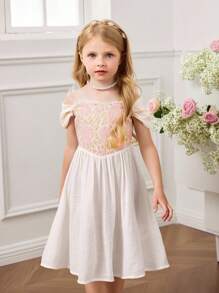 SHEIN Young Girl's Elegant Floral Jacquard Off Shoulder Flare Hem Party Dress, Summer - Pink - View 3