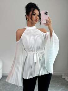 Elenzga Stand Collar Hollow Shoulder Long Sleeve Chiffon Pleated Ruffle Flare Sleeve Cinched Waist A-Line Design Sense Spring & Summer Vacation Versatile French Elegant Vintage Blouse