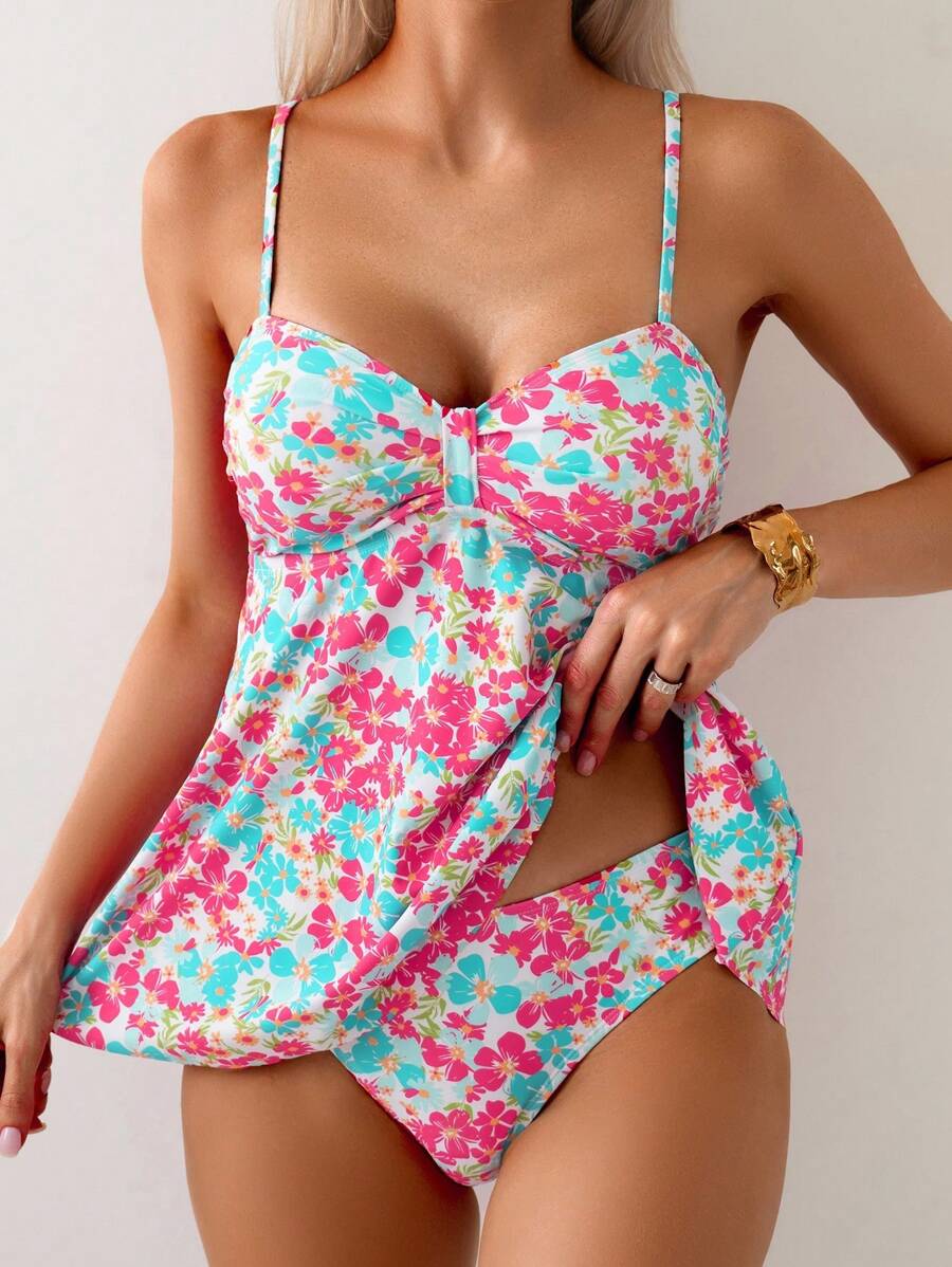 Swim Mod 2pcs/Set Women Summer Floral Print Spaghetti Strap Deep V Backless Crop Top And Bikini - Multicolor - View 1