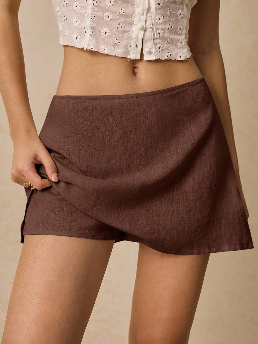 Poéselle Women's Solid Color Low-Waist Front-Covered Casual Skorts - Coffee Brown - View 1