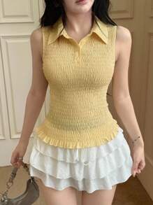 INAWLY ملابس علوية نسائية كاجوال لون أحادي بياقة مستديرة، رشيقة القصة، للصيف - أصفر - مشاهدة 4