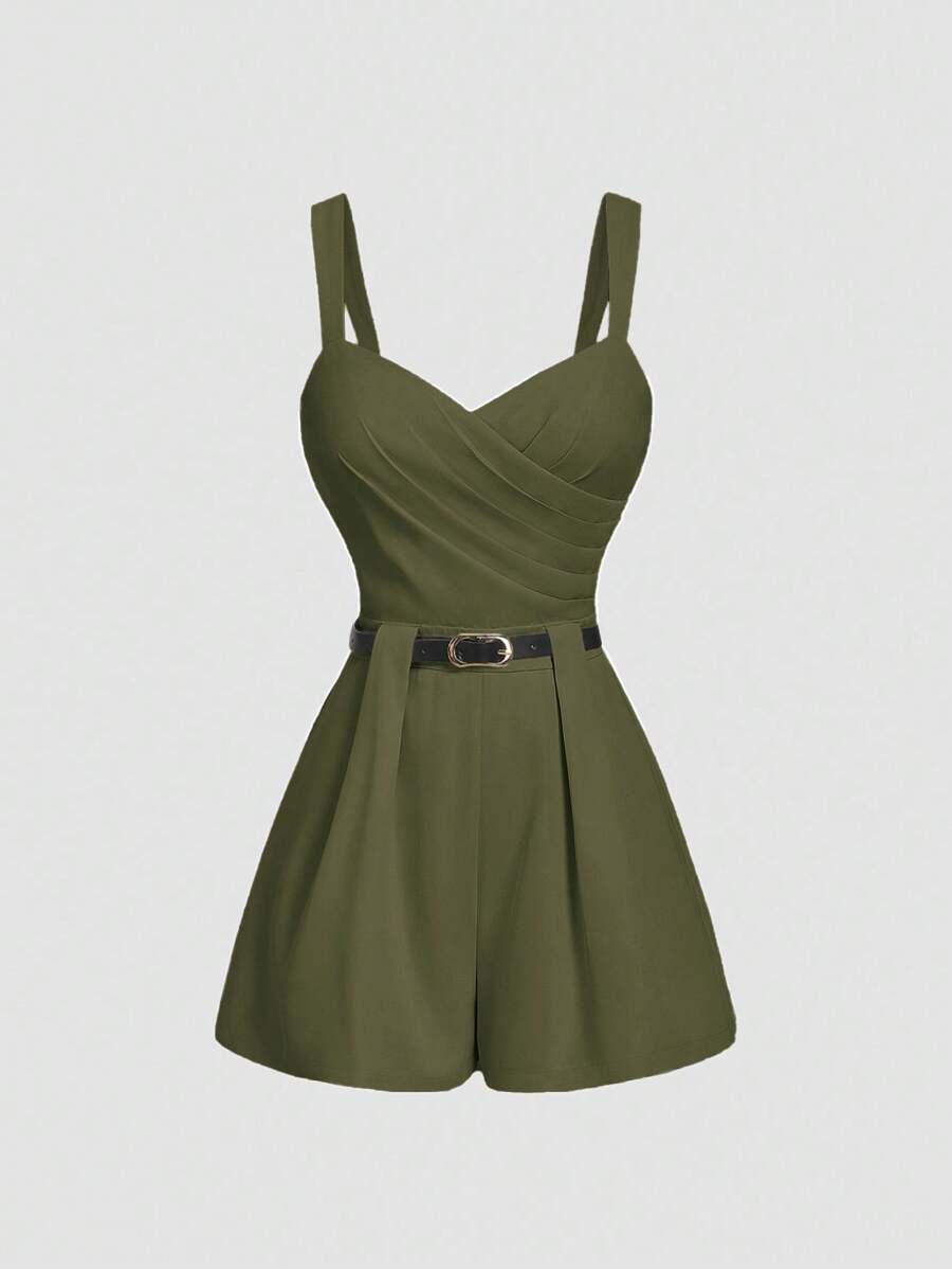 SHEIN MOD Macaquinho Casual Solto Feminino com Design Plissado Verde Oliva - Verde Militar - Visão 1