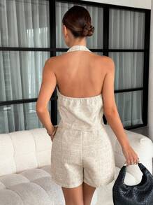 Lavishia 2 Stücke/Set, einfarbig, Neckholder-Top mit rückenfreiem Oberteil und gefalteten Shorts, Herbstkleidung für Damen, Herbstkleidung für Damen, Herbstkleidung, Schulanfangskleidung, Y2k-Stil, Old Money Style, Arbeitskleidung für Damen, Business Casual, Arbeitskleidung für Damen, Bürokleidung für Damen, Flughafen-Outfit