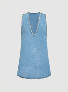 Selenza Women's Fashion Crystal Embellished Sleeveless Denim Dress, Summer - Blue - View 3