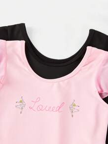 SHEIN 2 piezas Conjunto deportivo de moda para niñas, body de punto de unicolor negro y rosa, maillot gimnástico de estampado elástico, cómodo y suave