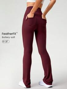 GLOWMODE 31" FeatherFit™ Back Pockets Flare Leggings Pants Low Impact Yoga Daily - Burgundy - View 1