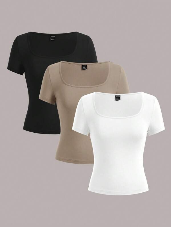 SHEIN EZwear 3pcs Women's Short Sleeve Cropped Tight-Fitting Casual T-Shirt, Summer