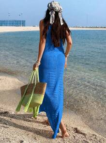 EURMUSE Women Crochet Knit Long Sleveeless Dress - Blue - View 2