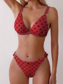 Swim Mod 2 件套女士小花侧高开叉丁字裤比基尼泳装套装，海滩度假装 - 彩色 - 查看 3