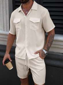 Manfinity Homme Men's Casual Solid Color Summer Cargo Pocket Short Sleeve Shirt & Shorts Set